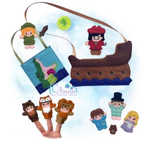 May include: A collection of felt finger puppets and accessories featuring a green-clad character, a pirate ship, a crocodile, and various animal-themed figures. The set includes a brown ship, a blue square pouch, and small embroidered character dolls.