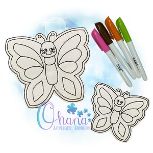 May include: A black and white outline of a butterfly with a face. The butterfly is ready to be colored in with markers or crayons.