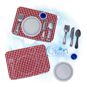 May include: Appliqué designs of a place setting, including a red and white checkered placemat, a white plate with a blue floral border, and silver utensils. A blue accent piece is also included. The design is for a dining theme.