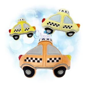 May include: Three plush toy taxis in yellow and orange. Each taxi has a black and white checkered pattern, grey windows, and the word "TAXI" on top. The taxis have black wheels and red taillights.