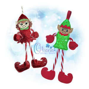 Elf Candy Cane Holder Ornament SET In The Hoop Machine Embroidery Design
