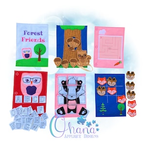 May include: A set of felt activity boards for kids featuring forest animals. The boards include a counting activity, a maze, a puzzle, an alphabet activity, and a matching game. The boards are all pink, blue, and green.