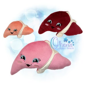 May include: Three plush liver toys in different sizes and colours: pink, red, and peach. Each liver has a smiling face with embroidered eyes and a white band around the middle.
