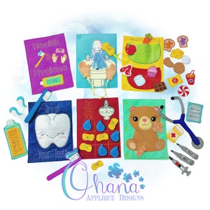 May include: A set of felt play mats for children, featuring various themes including health and hygiene, healthy eating, tic-tac-toe, and a doctor's visit. The mats are colorful and feature various embroidered images and text, such as "Health & Hygiene", "Healthy Eating", "Tic Tac Toe", and "Your Teeth".