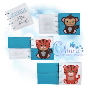 May include: A blue and white felt flip book with the text "SAFARI Flip Book" on the cover. The book features a monkey and a tiger on the inside pages.