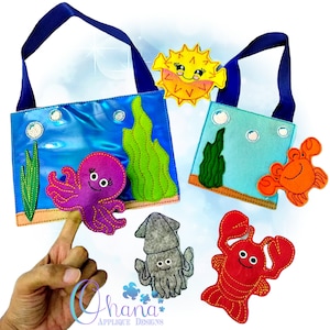 May include: A set of felt finger puppets featuring an octopus, a squid, a lobster, and a crab. The puppets are designed to be used with a finger puppet theater or for imaginative play. The puppets are colorful and have friendly faces.