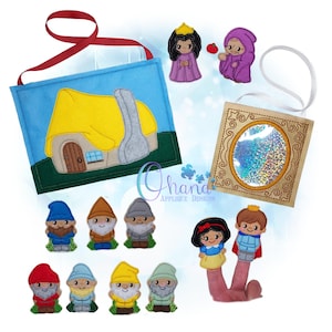 May include: A collection of felt finger puppets and accessories. Includes Snow White, a prince, a queen, a witch, and seven dwarfs. Also featured are a cottage, a magic mirror, and a blue bag with a red strap.