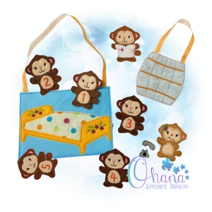May include: A felt play set with a blue bed and five brown monkeys with numbers 1 through 5 on them. The monkeys are attached to a felt bag with a yellow handle. The bag has a gray felt pocket with a yellow handle.
