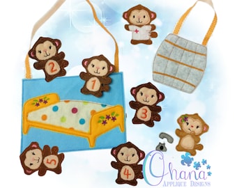 May include: A felt play set with a blue bed and five brown monkeys with numbers 1 through 5 on them. The monkeys are attached to a felt bag with a yellow handle. The bag has a gray felt pocket with a yellow handle.