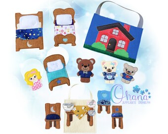 May include: Felt finger puppets of a girl, two bears, and a house. There are also felt beds, chairs, and a table with bowls. The text "Chana Applique Designs" is on the bottom right.