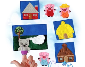May include: A felt set depicting the story of the Three Little Pigs. Includes finger puppets of the wolf and three pigs, and felt squares with houses of straw, wood, and brick. The houses and characters are in bright colors.