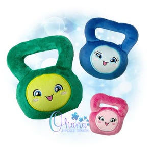 May include: Three plush kettlebell toys with smiling faces. The kettlebells are green, blue, and pink.