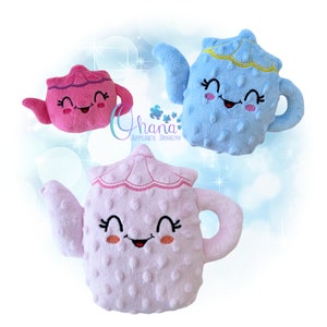 May include: Three plush teapots with smiling faces. The teapots are pink, blue, and light pink. Each teapot has a white lid with a yellow trim. The teapots are all facing forward and have a happy expression.