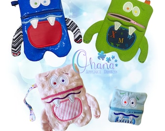 May include: Four zippered pouches with monster faces. The pouches are made of different fabrics and colors, including blue, green, pink, and light blue. Each pouch has a zippered opening and a unique monster face with eyes, teeth, and a tongue.