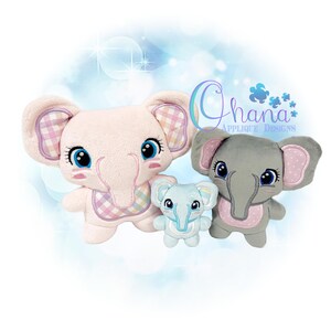 May include: Three plush elephant toys featuring embroidered details and large eyes. The largest is light pink with a plaid ear and chest patch, the medium is grey with pink polka-dot ears, and the smallest is light blue. Text reads Ohana Applique Designs.