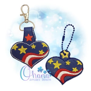 Patriotic Heart Key Chain, key fob, snap tab  In The Hoop Machine Embroidery Design