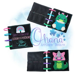 May include: A felt flip book with a rainbow and the text "Mythical Creatures Flip Book". The book has pages with a green dragon and a pink unicorn.