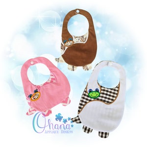 May include: Three baby bibs with animal appliques. The bibs are brown, pink, and white with black and white checkered fabric. The appliques are a turtle, a frog, and a fish.