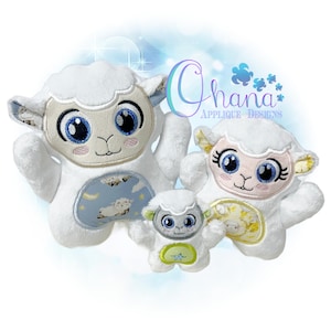 May include: Three plush lamb toys in different sizes. The largest lamb is white with blue and white embroidered details. The middle lamb is pink with yellow and white embroidered details. The smallest lamb is white with green and gray embroidered details. All three lambs have large, embroidered eyes.