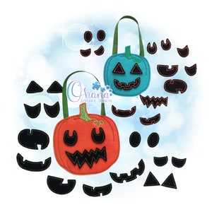 May include: Two felt pumpkin trick-or-treat bags with black felt face details. The bags are teal and orange and have green stitching. The face details are separate pieces that can be mixed and matched to create different expressions.