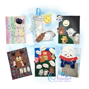 May include: A set of six felt quiet books for children. The books feature various themes, including nursery rhymes, farm animals, and a letter L. The books are colorful and have a variety of textures.