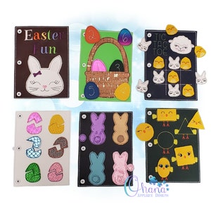 May include: Six felt Easter-themed activity pages with various games and activities. The pages include a bunny, eggs, a basket, a tic-tac-toe game, and shape matching.