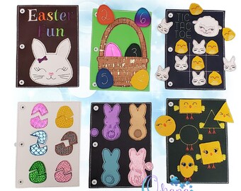 May include: Six felt Easter-themed activity pages with various games and activities. The pages include a bunny, eggs, a basket, a tic-tac-toe game, and shape matching.