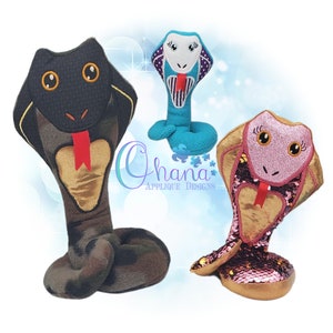 May include: Three plush cobra snake toys. One is black with a red tongue, one is blue with a purple and white striped head, and one is pink with gold sequins and a red tongue.