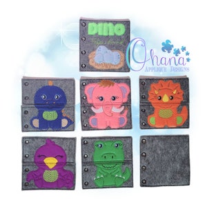 May include: A set of six felt squares with embroidered images of dinosaurs. Each square is divided into two sections, with the top section showing a dinosaur's head and the bottom section showing the dinosaur's body. The dinosaurs are a blue dinosaur, a pink elephant, an orange triceratops, a purple bird, a green alligator, and a gray square with the word "Dino" and a nest of eggs.