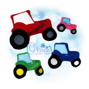 May include: Four felt toy tractors in different colours, red, pink, green, and blue. Each tractor has a personalised name on the side, Benjamin, Connor, and Czerny.
