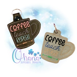 May include: Two brown coffee mug-shaped keychains with the text "Coffee Teach Repeat" in different colors.