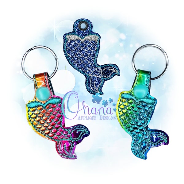 Mermaid Tail Key Chain, key fob, snap tab  In The Hoop Machine Embroidery Design