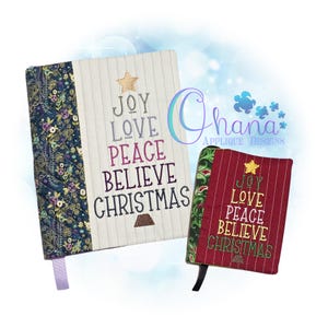 Diseño de bordado a máquina para cuaderno con diseño de árbol de Navidad y palabras en arte