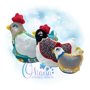 May include: Three plush toy chickens in different sizes. The largest chicken is gray with a white belly and a red comb. The middle chicken is black with a white belly and a red comb. The smallest chicken is yellow with a white belly and a red comb. All three chickens have embroidered eyes and beaks.