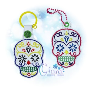 Sugar Skull Flower Key Chain, key fob, snap tab  The Hoop Designs Machine Embroidery Designs