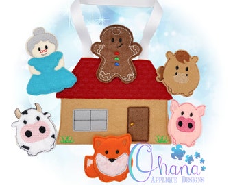 May include: A felt finger puppet set featuring a gingerbread man, a cow, a pig, a fox, a horse, and a grandmother. The puppets are arranged around a felt gingerbread house with a red roof. The set is ideal for storytelling and imaginative play.