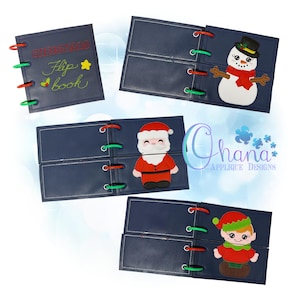 May include: A set of Christmas-themed flip books with navy blue covers and colorful stitching. Each book features a different festive character: a snowman, Santa Claus, and an elf. The cover of one book reads "Christmas Flip Book".