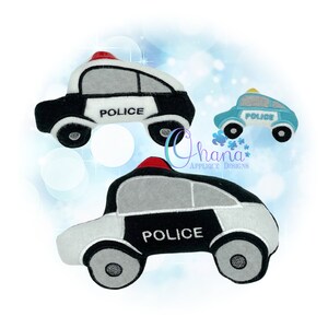 May include: Three plush toy police cars. One is black and white, one is blue and white, and one is white with black accents. All three cars have the word "POLICE" written on them.