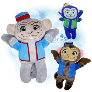 May include: Three plush monkey dolls in different colors. The monkeys have embroidered faces, wings, and wear hats and jackets. The main monkey is gray with a blue jacket and red trim. The other two are blue and brown.