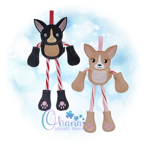 Chihuahua Candy Cane Holder Ornament In The Hoop Machine Embroidery Design