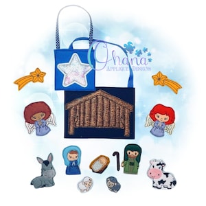 May include: A blue felt bag with a star and a manger scene. The bag has a handle and is filled with felt figures including a donkey, cow, sheep, shepherds, angels, and baby Jesus. The bag is perfect for a Christmas play or for a child to use for pretend play.