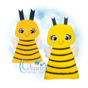 May include: Two yellow bee finger puppets with black and white striped bodies, black antennae, and white wings. The bee on the left has a simple smile, while the bee on the right has eyelashes and a more detailed smile.
