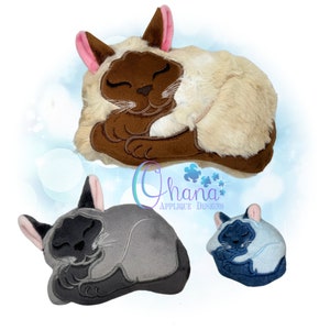 May include: Three plush cat toys in different colors. The first cat is brown and white with pink ears, the second cat is gray, and the third cat is blue and white. All three cats are curled up in a sleeping position.