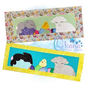 May include: Two embroidered designs featuring a sleeping bunny, a chick, and a lamb. The top design has a green background and a floral print border. The bottom design has a blue background and a yellow border. Both designs include colorful Easter eggs.