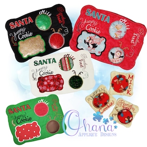 May include: Four different designs for a Christmas Eve treat holder. Each design features a red, green, or white background with a Santa, reindeer, milk, and cookie graphic. The text "Santa Yummy Cookie", "Milk Treat", and "Reindeer Treat" is included on each design.