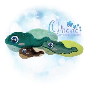 May include: Three plush toy sea creatures, a green and blue seahorse, a green and yellow seahorse, and a brown and tan seahorse. The seahorses are all smiling and have big eyes.