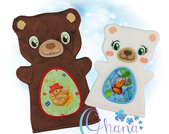 Diseño de bordado a máquina de marioneta de mano de oso en el aro