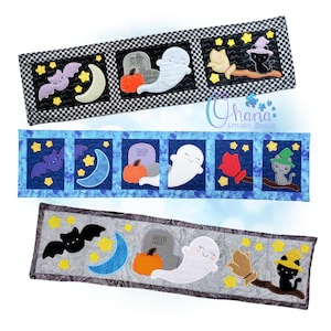 May include: Three Halloween-themed fabric table runners. Each runner features appliqued designs of bats, moons, pumpkins, ghosts, and cats. The backgrounds vary, including black and white checkerboard, blue, and gray patterns. The designs are stitched with various colors.