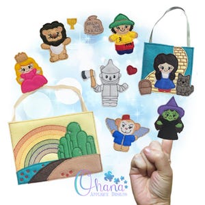 May include: A collection of felt character dolls and themed bags inspired by The Wizard of Oz. The dolls include the Lion, Scarecrow, Dorothy, Tin Man, and the Wicked Witch. The bags feature the Emerald City and the Yellow Brick Road.