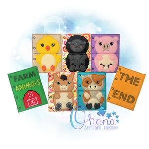 May include: A felt book for children featuring farm animals. The book has a green cover with the words "Farm Animals" and a red barn. The pages are filled with colorful illustrations of animals like a chick, sheep, pig, horse, and cow.